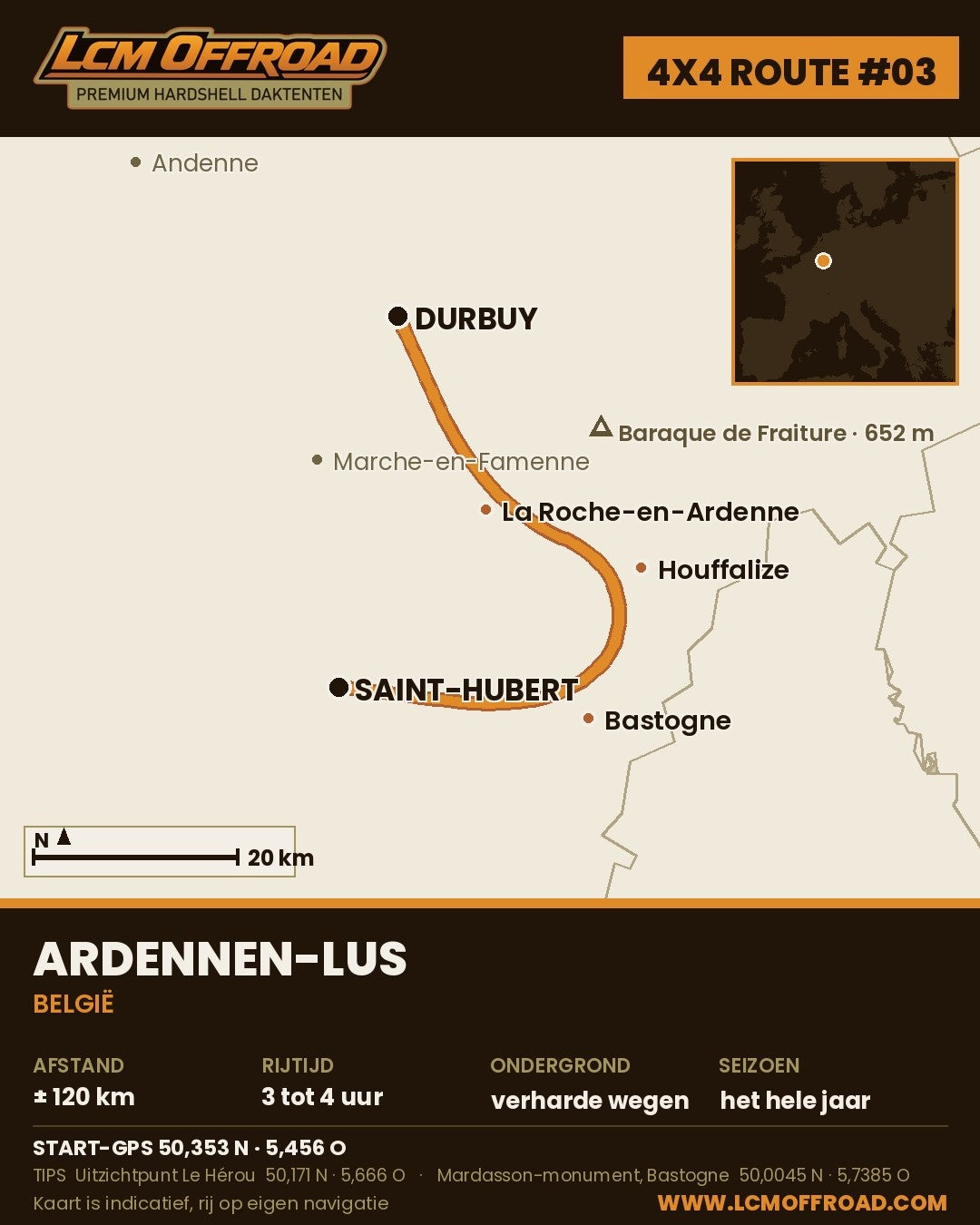 Routekaart 4x4 route Ardennen: lus van Durbuy via La Roche en Bastogne naar Saint-Hubert