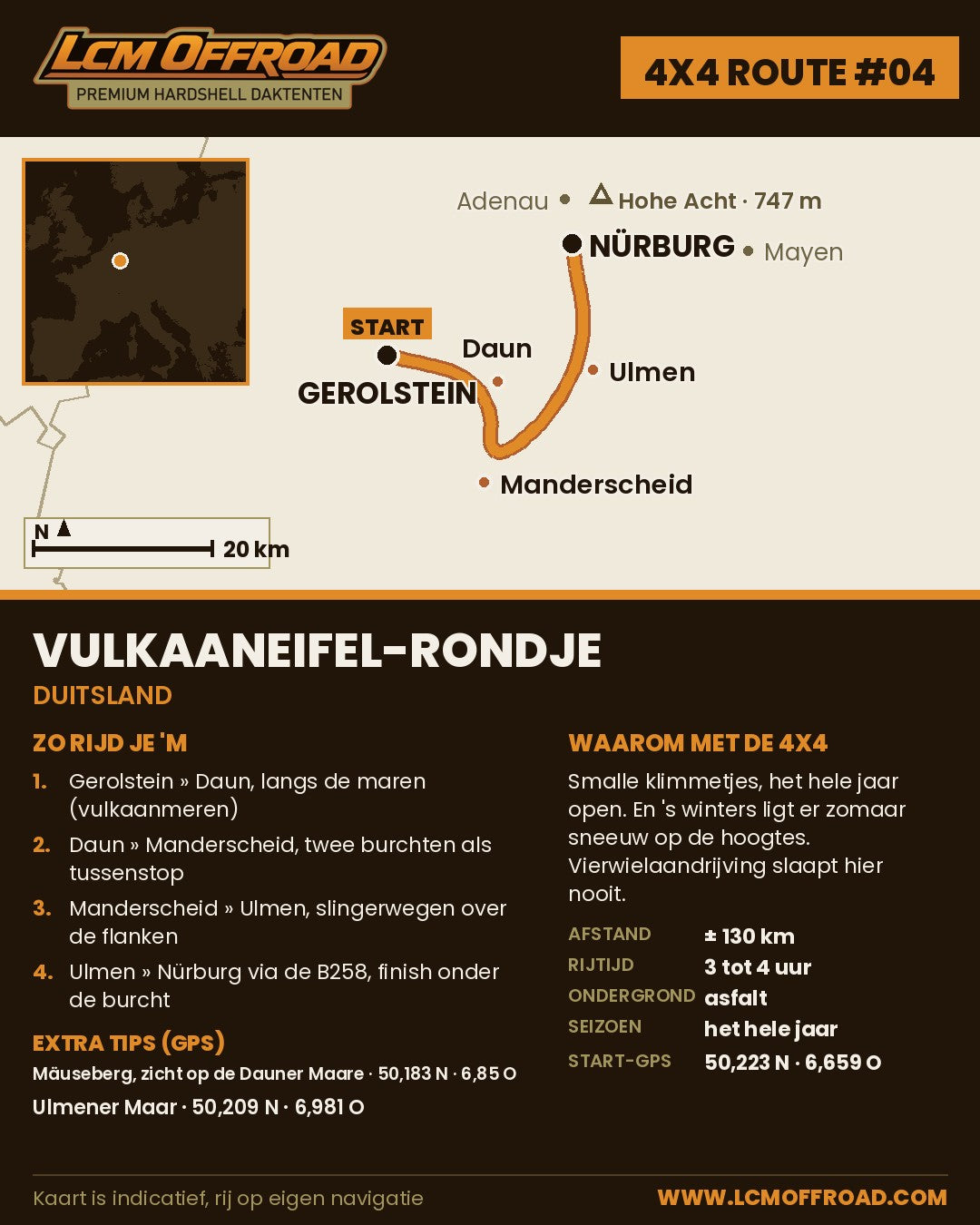Routekaart 4x4 route Vulkaaneifel: van Gerolstein via Daun, Manderscheid en Ulmen naar de Nürburg