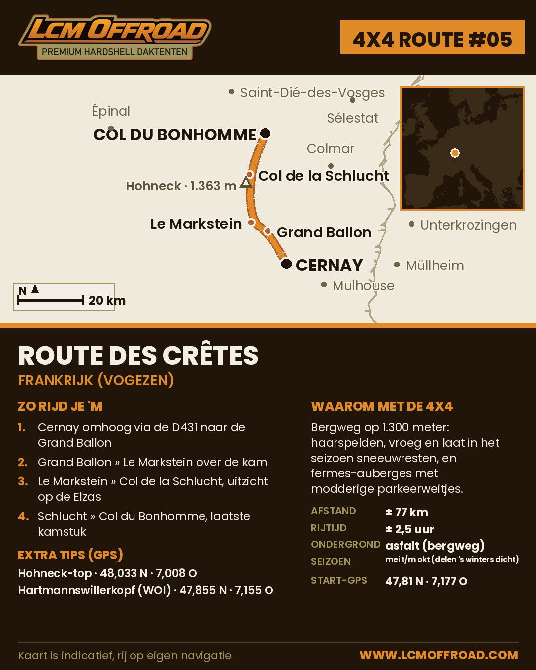 Routekaart 4x4 route Route des Crêtes: van Cernay via de Grand Ballon en de Col de la Schlucht naar de Col du Bonhomme
