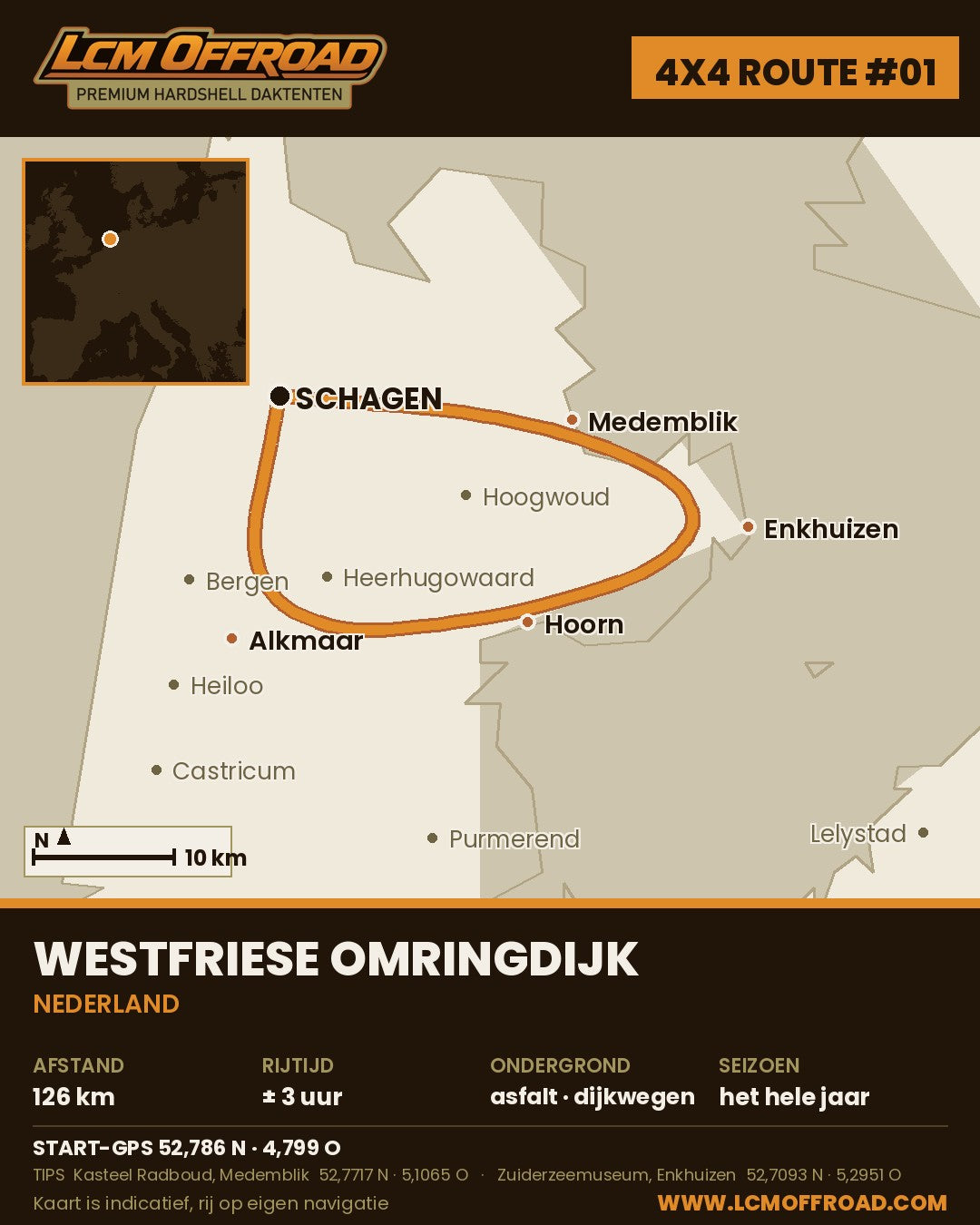 Routekaart 4x4 route Westfriese Omringdijk: rondje van Schagen via Medemblik, Enkhuizen en Hoorn