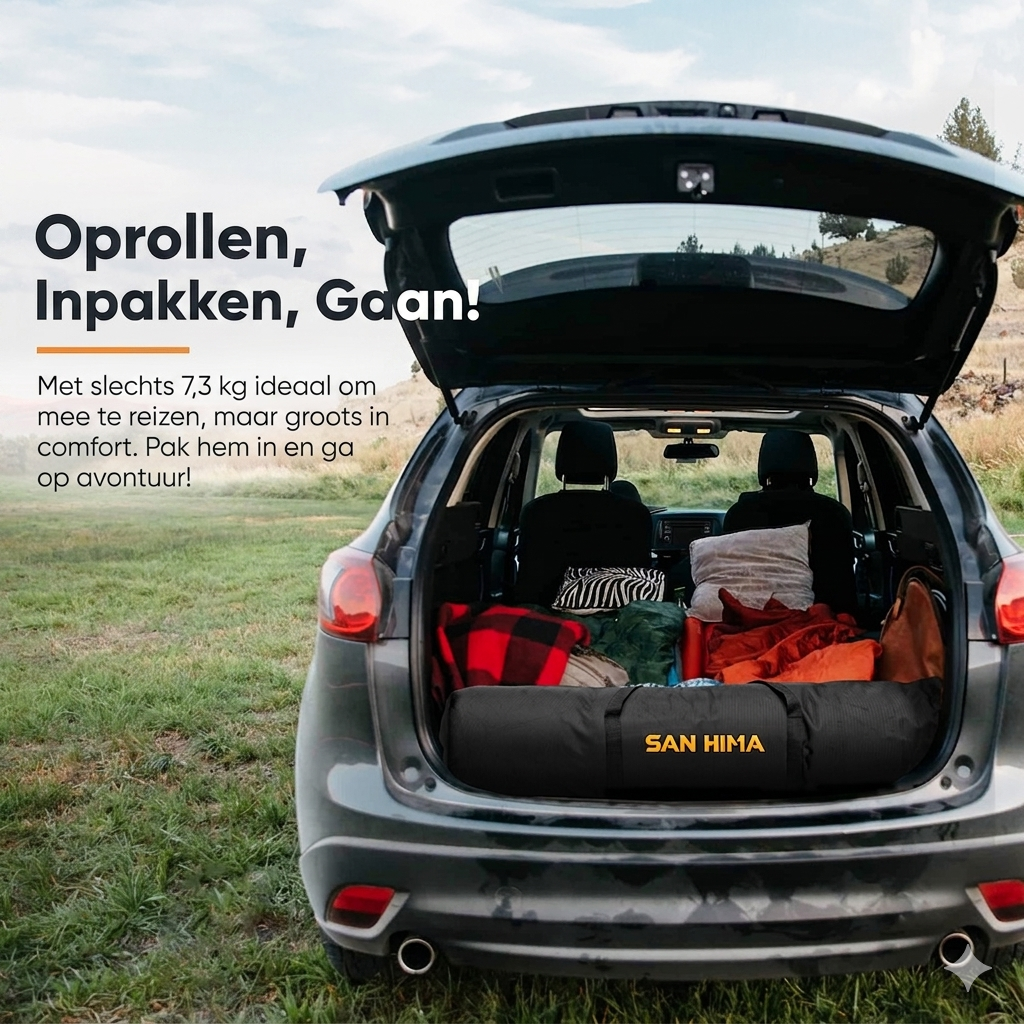 Matras topper uitgerold in LCM hardshell daktent – extra slaapcomfort