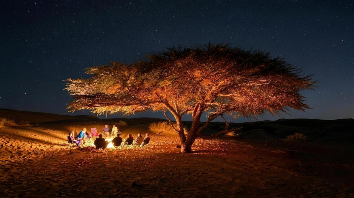 Kampvuur onder een acacia in de woestijn
