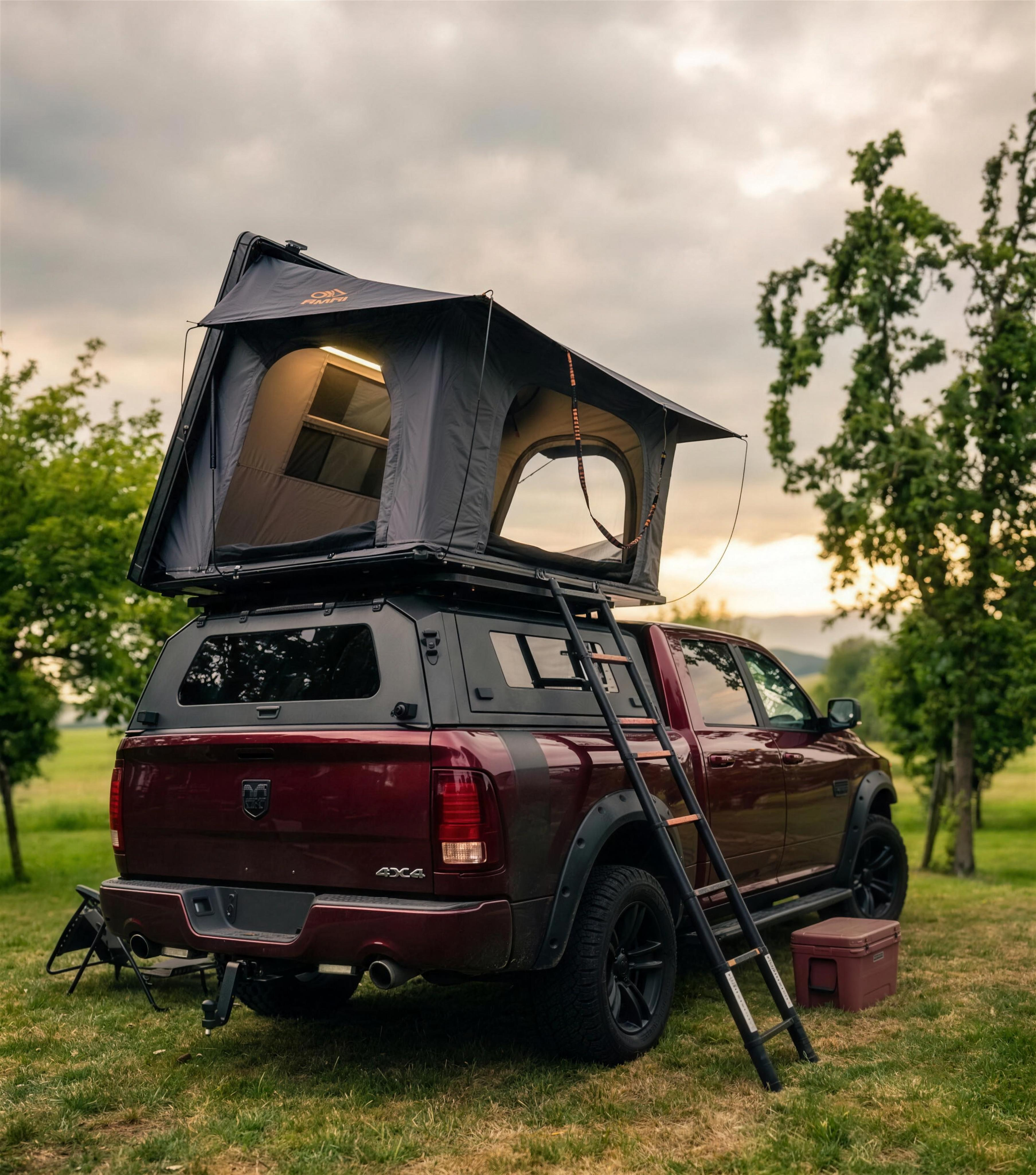 LCM Oasis 3-persoons daktent met luifel opengeklapt op pick-up bij avondlicht