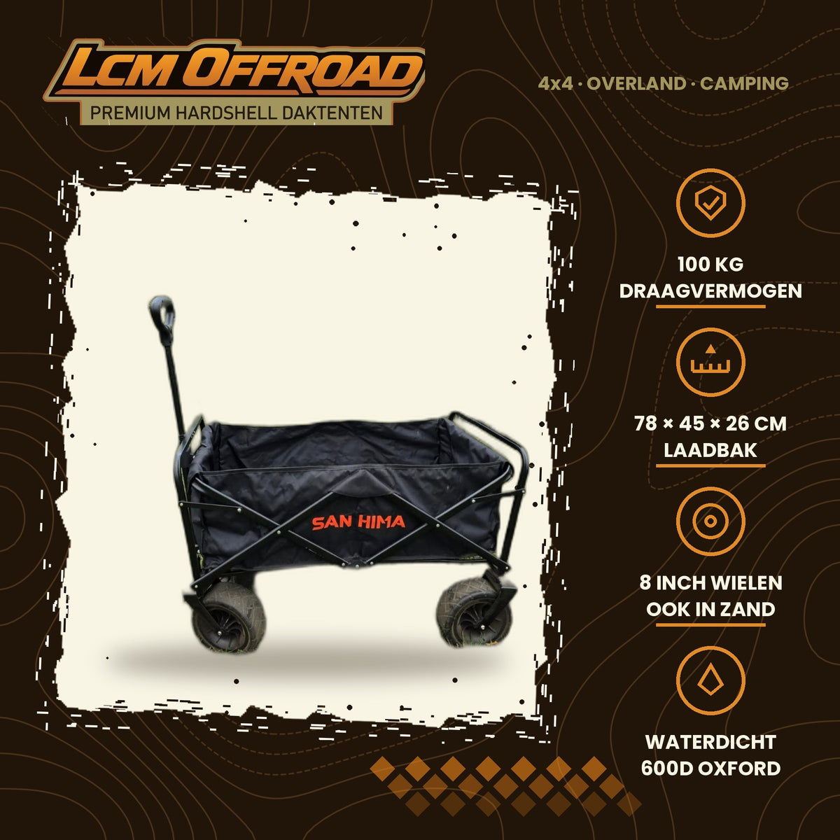LCM Offroad folding wagon with a 100 kg capacity, main photo with key features