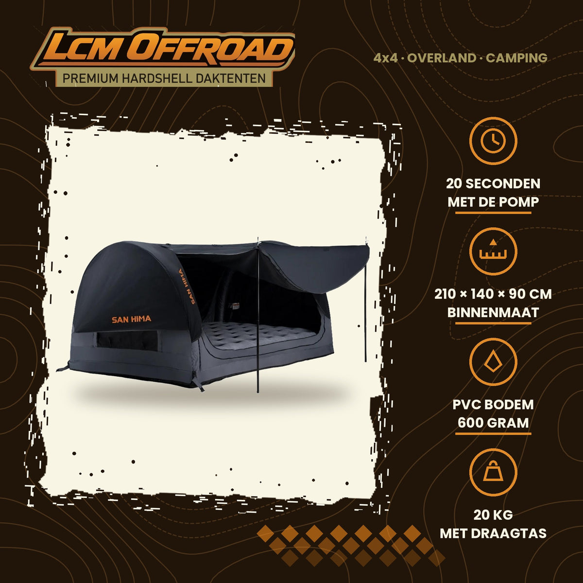 LCM Offroad inflatable ground tent for 2 people, main photo with key features
