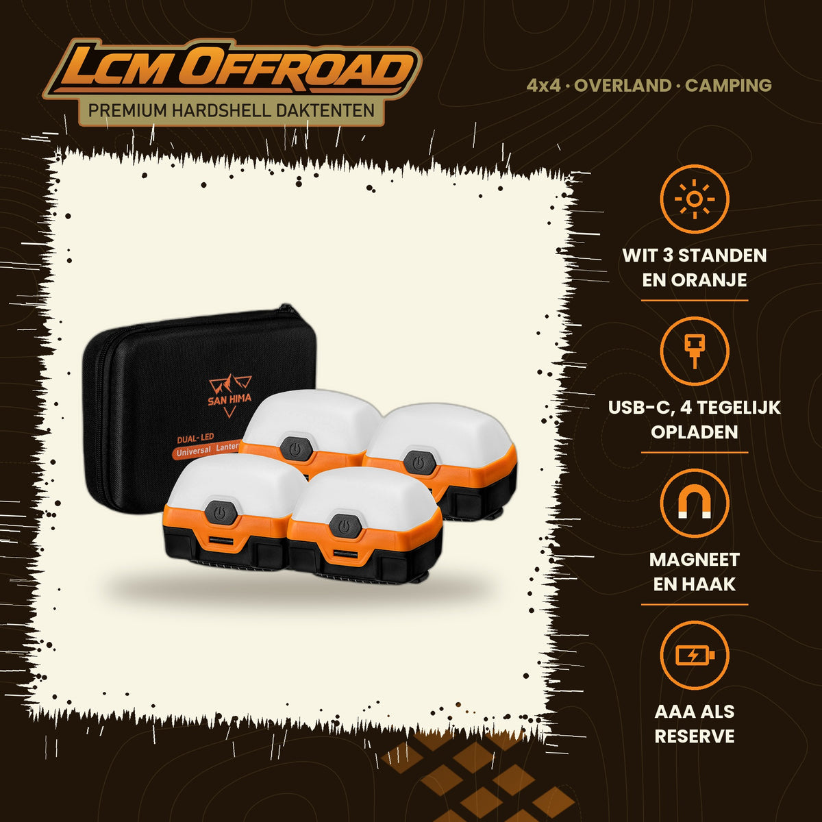 SAN HIMA campinglantaarn 4× LED, magnetisch en oplaadbaar