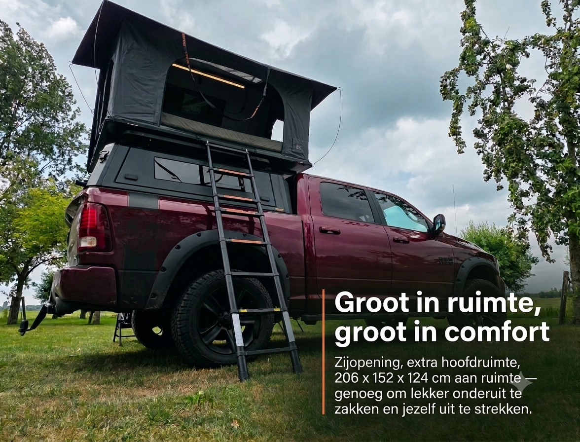 LCM Offroad Oasis hardshell rooftop tent with 206 × 152 × 124 cm of interior space