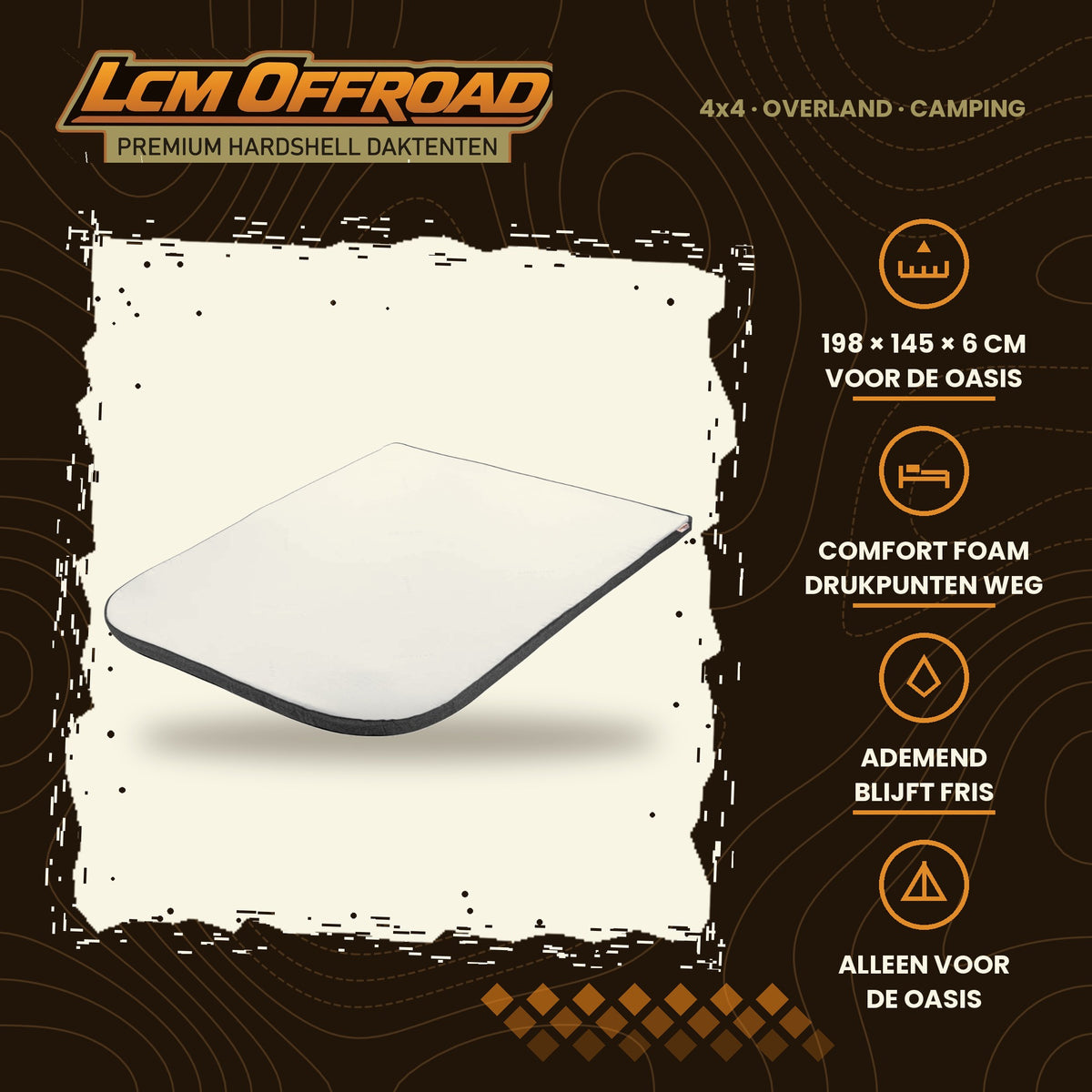 LCM Offroad mattress topper for the Oasis, 198 × 145 × 6 cm, main photo with key features